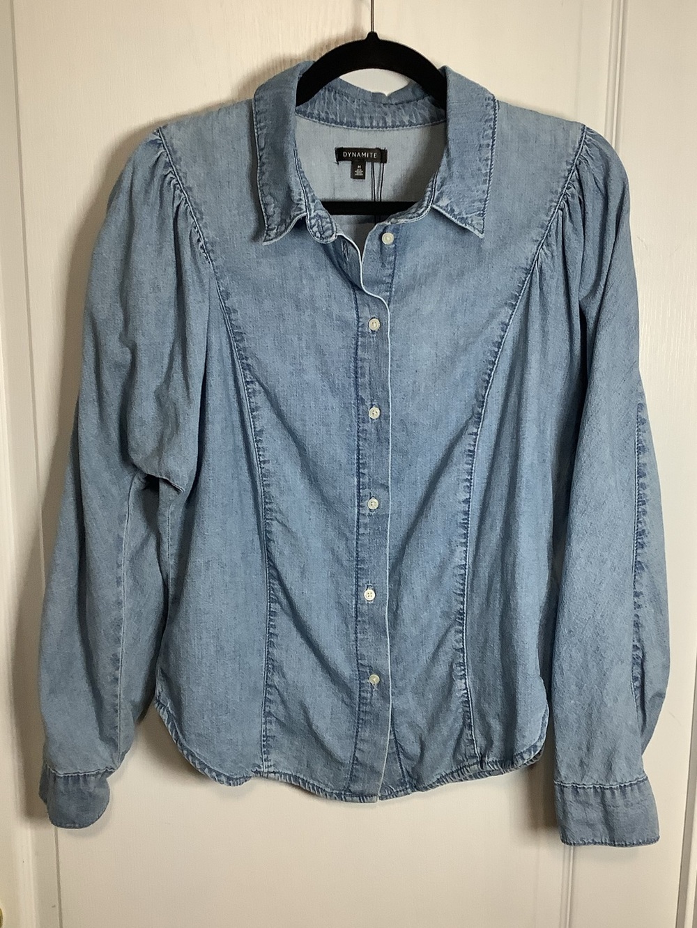 Dynamite Puffy Sleeves Denim Button-Down Blouse